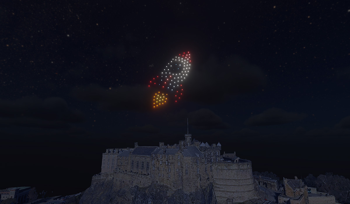 An emoji rocket made from 100 drones
